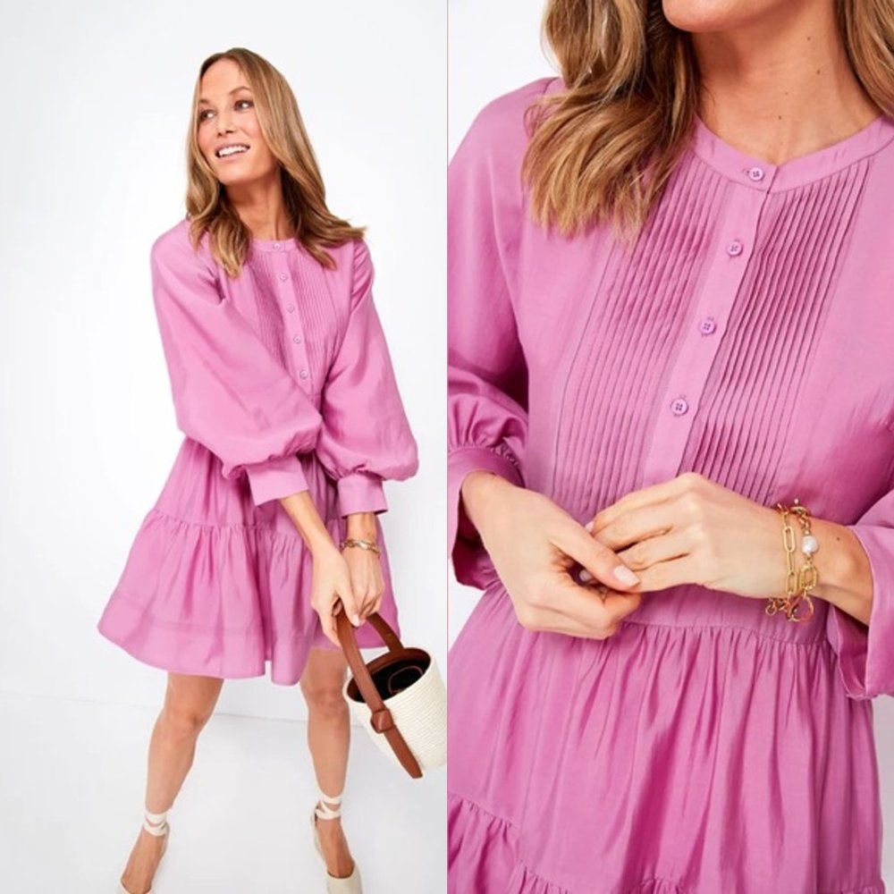 Womens Long Sleeve Pintuck Tiered Dress - Pink